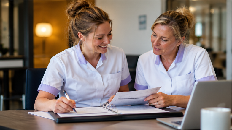 Twee zorgmedewerkers bespreken een zorgplan – salaris verzorgende IG niveau 3